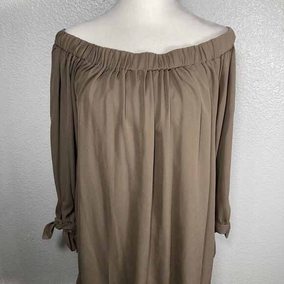 Wishlist Chocolate Brown Top Blouse L Flowy Tunic Neutral Peasant Off Shoulder - Picture 3 of 9